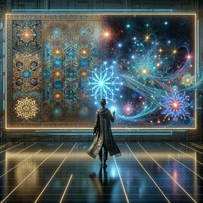 The primary subject of the image is a person standing in a room with a futuristic, digital art-like background. The setting appears to be a futuristic space with a large screen or painting in the background. The visual style of the image is a combination of photo and digital art, creating a unique and intriguing atmosphere. The colors and mood of the image are predominantly blue and purple, giving it a futuristic and otherworldly feel.